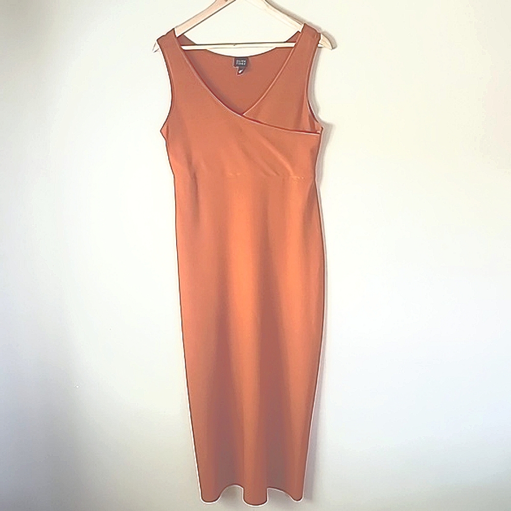 EILEEN FISHER SHORT SLEEVE FORM FITTED  MIDI DRESS Orange SIZE XS